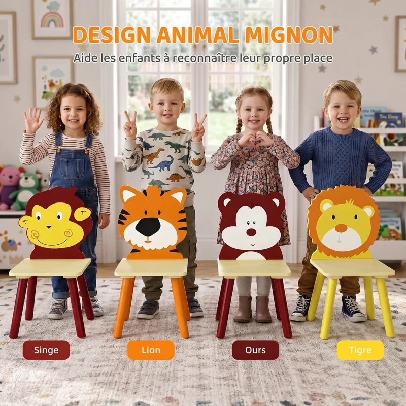 AIYAPLAY Ensembl Table pour Enfant avec 4 Chaises 5 Pièces en Bois, Dossier en Forme Animale, Coins Arrondis, 3-8 Ans, Jaune