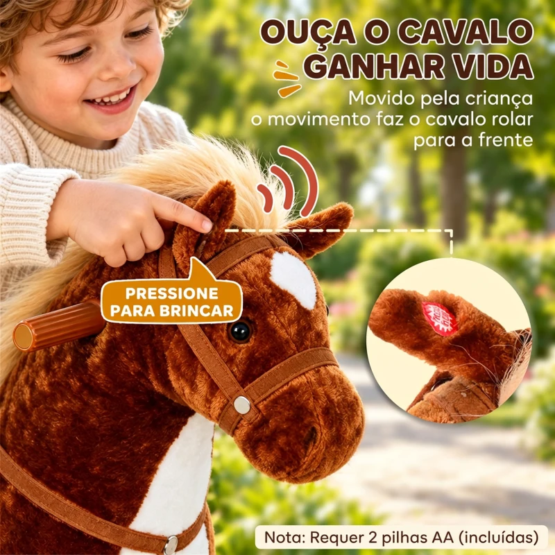 HOMCOM Cavalo de Brinquedo para Crianças de +3 Anos com Rodas Sons e Estrutura de Metal Carga 60kg 65x28x75 cm Castanho