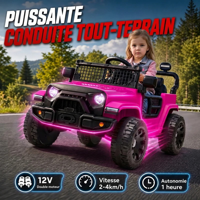 AIYAPLAY Voiture Électrique Enfants 12V, Buggy Électrique Enfants, 2-4 km/h, 2 Moteurs, Télécommande, Batterie Lithium, Rose