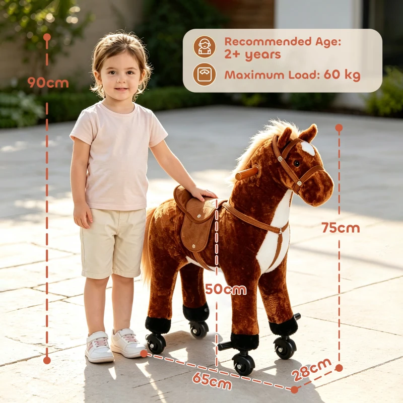 HOMCOM Plush Walking Horse Ride On Toy with Wheels and Realistic Sounds Rocking Horse for Girls Boys 2+ Years Old, 50cm Tall, Brown