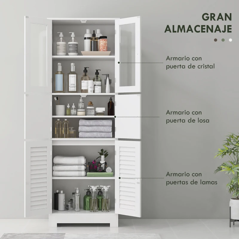 HOMCOM Mueble Auxiliar de Baño con 6 Puertas Estantes Ajustables Antivuelco Armario de Baño Moderno 60x30x170,5 cm Blanco