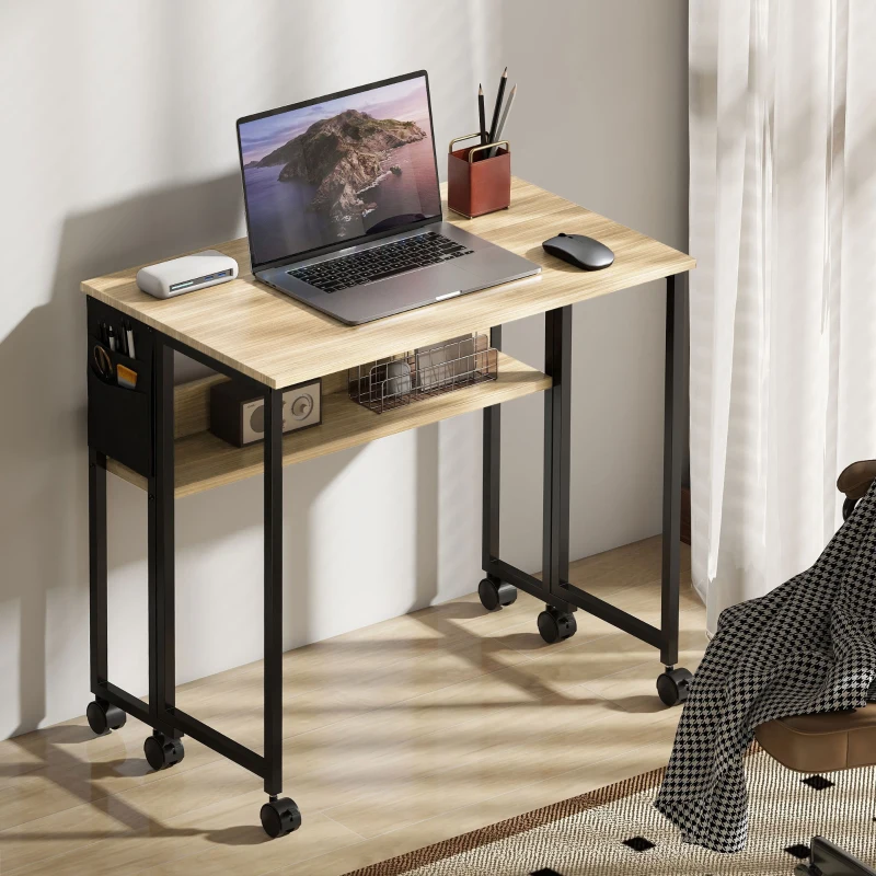 HOMCOM Bureau pliable sur roulettes 80 x 50 cm avec étagère et sac de rangement, chêne