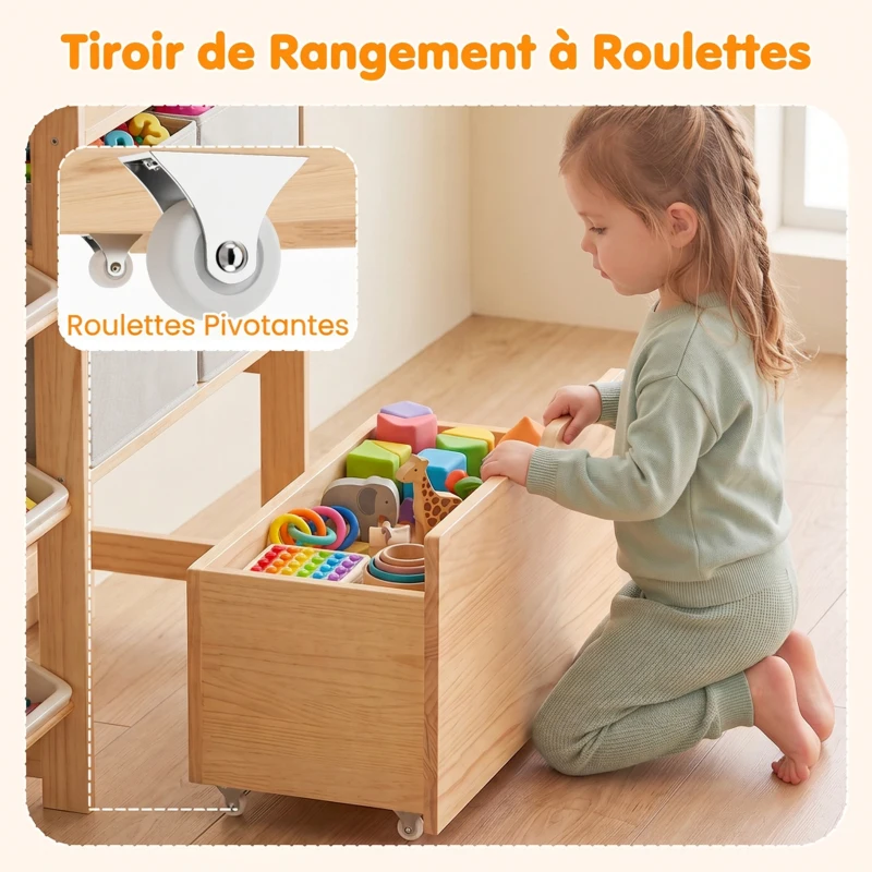 AIYAPLAY Meuble Rangement Enfant, Rangement Jouet Enfant, 9 Bacs, 2 Tiroirs Tissu, Tiroir en Bois sur Roulettes, Naturel et Blanc
