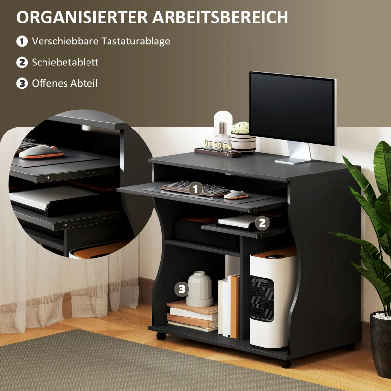 HOMCOM Computertisch mit Rollen, Schreibtisch mit Stauraum, 80 x 48 x 75 cm, Schwarz