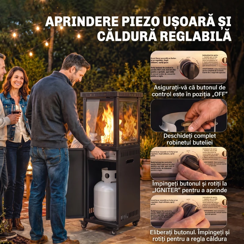 Outsunny Încălzitor pe Gaz pentru Exterior 13 kW, cu Roți și Pietre Lavice, Negru