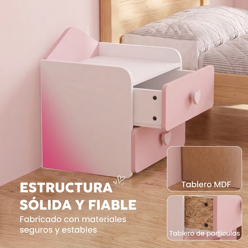 AIYAPLAY Mesita de Noche Infantil con 2 Cajones Montessori Bordes Redondeados para Niños de 3 a 8 Años 34x31x36 cm Rosa