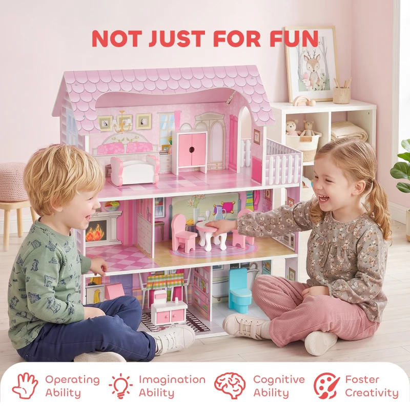AIYAPLAY Maison de Poupée en Bois pour Enfants, Maison de Rêve Filles, 6 Pièces, Éclairage LED et 8 Meubles, 3-6 ans, Rose