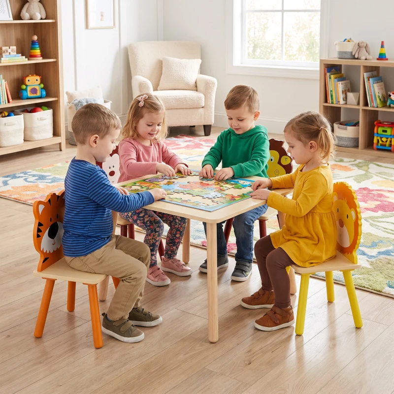 AIYAPLAY Conjunto Mesa para Criança com 4 Cadeiras 5 Peças em Madeira, Encosto em Forma de Animal, Cantos Arredondados, 3-8 Anos, Amarelo