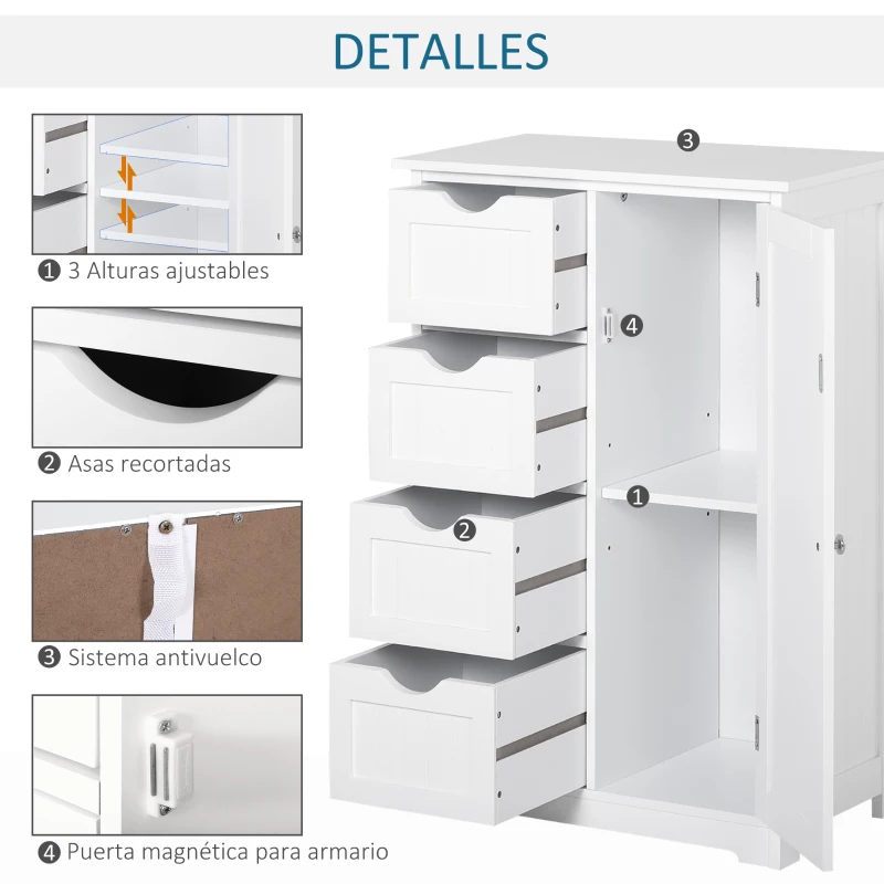 kleankin Armario Auxiliar de Baño Mueble para Baño con Puerta 4 Cajones y Estante Ajustable para Cocina Salón 56x30x83 cm Blanco
