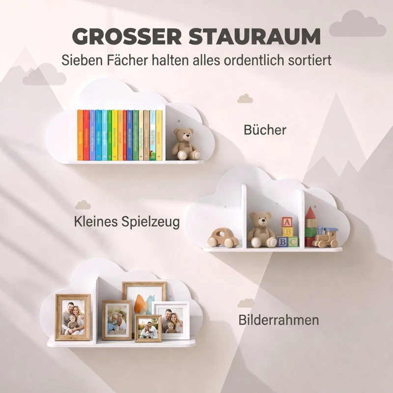 AIYAPLAY Zestaw 3 półek ściennych dla dzieci 60cm półka na książki w kształcie chmury wisząca Montessori dla 3–8 Biały