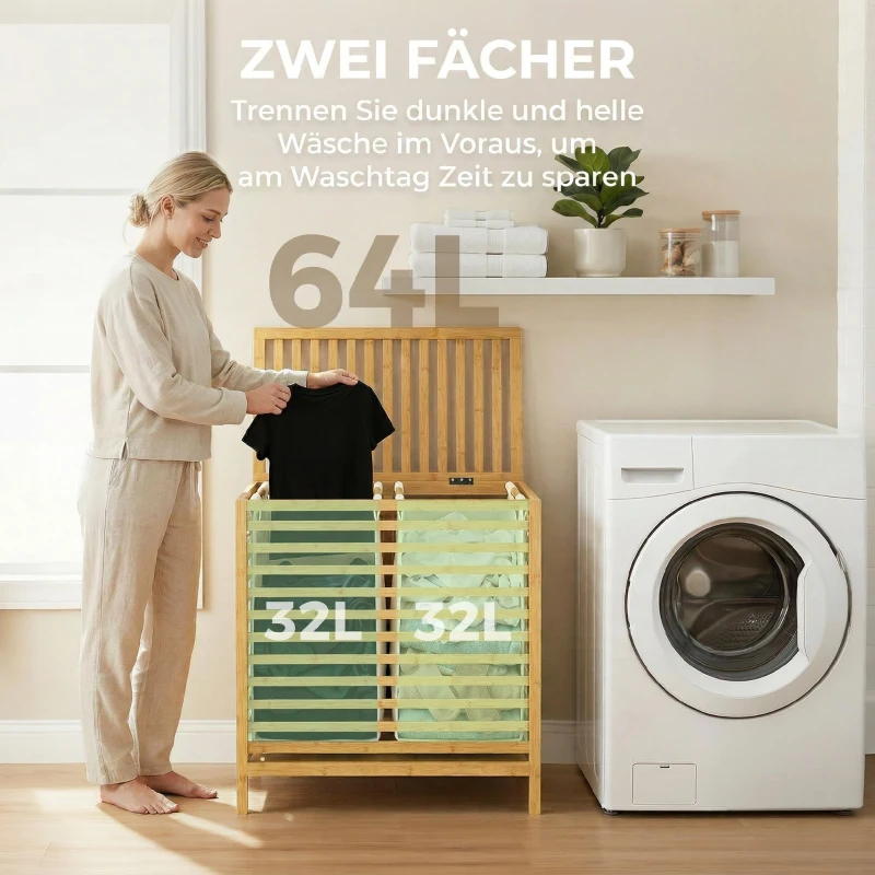 HOMCOM Bambus-Wäschekorb mit Deckel, 2 Körbe, faltbar, 64L, Natur und Cremeweiß