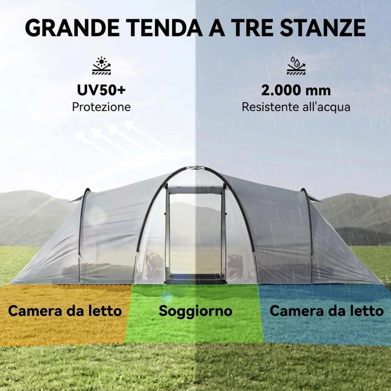 Outsunny Tenda da Campeggio 5 Posti con 2 Camere Impermeabile con Baldacchino, 590x245x193 cm, Grigio