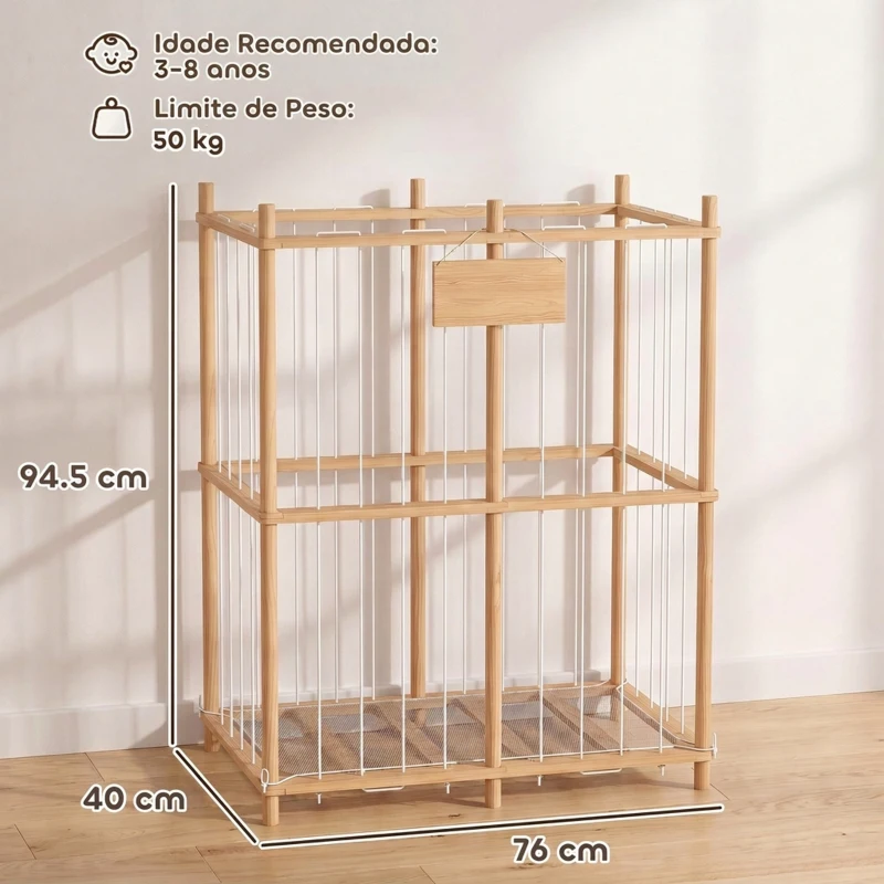 AIYAPLAY Organizador de Peluches em Madeira com Cordões Elásticos, Estante Infantil para Brinquedos, 3-8 Anos, 76x40x94,5 cm, Natural