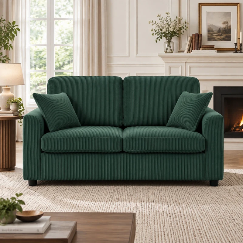 HOMCOM 2 Seater Sofa, Corduroy Small Couch with Spring Cushion, Wide and Deep Seat, Dark Green