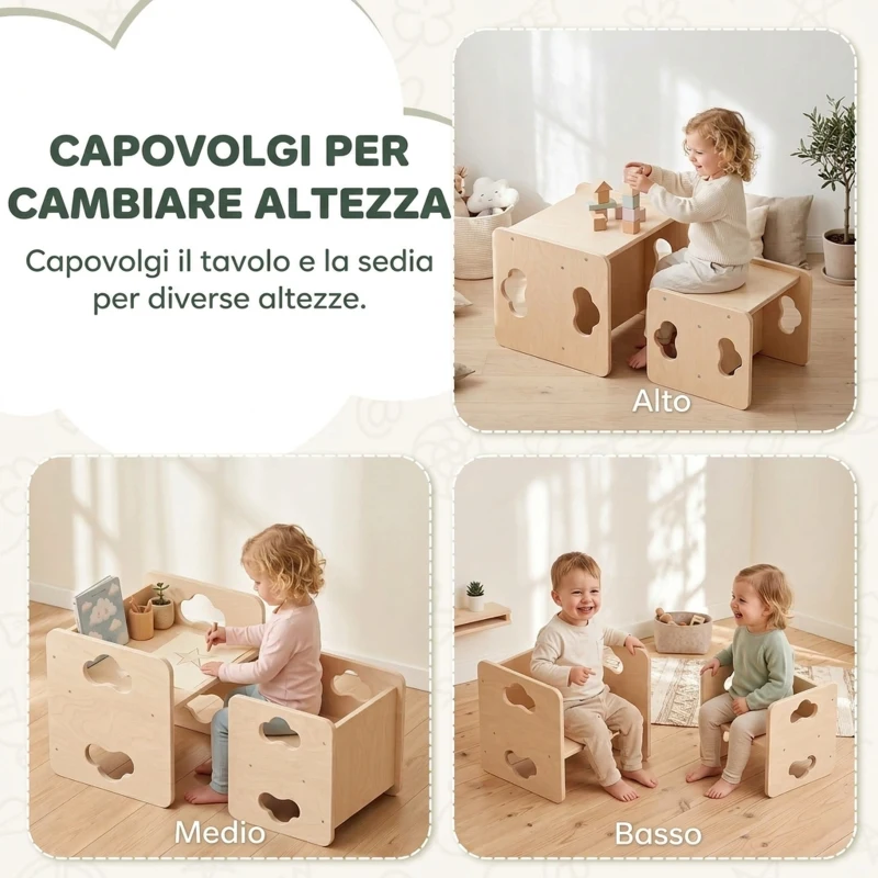 AIYAPLAY Set Tavolo Bambini con Sedia, 18-36 Mesi, Design Ribaltabile con 3 Opzioni di Altezza, Color Legno