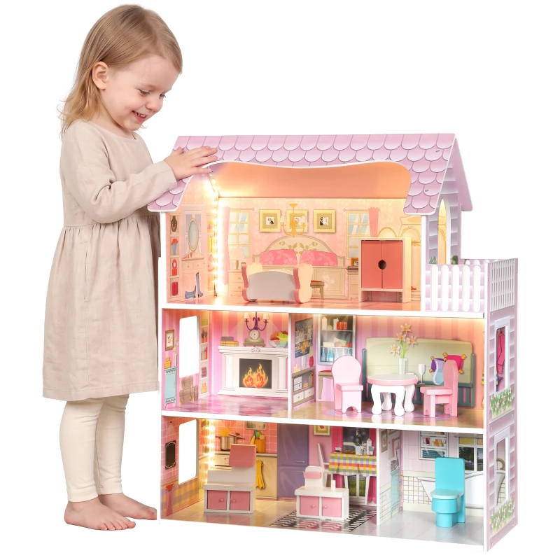 AIYAPLAY Maison de Poupée en Bois pour Enfants, Maison de Rêve Filles, 6 Pièces, Éclairage LED et 8 Meubles, 3-6 ans, Rose