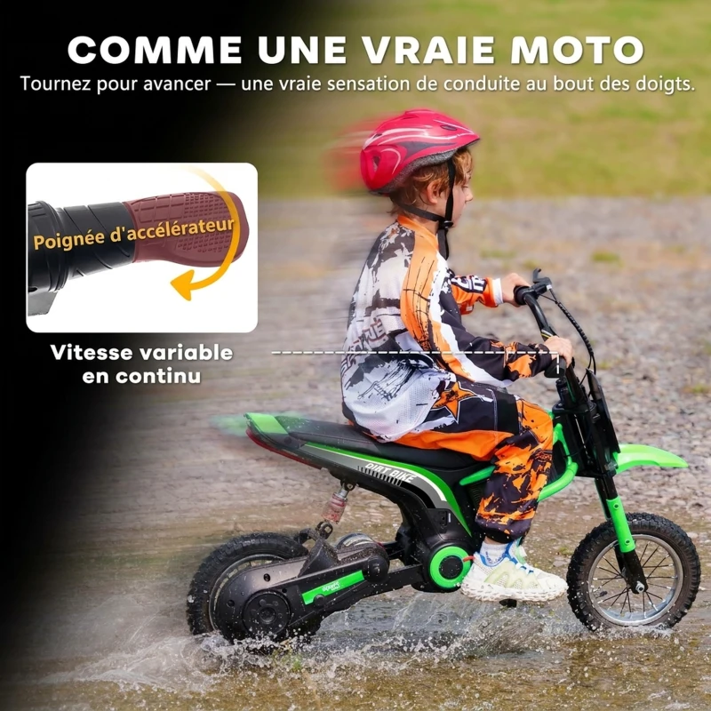 HOMCOM Moto cross électrique enfant moto électrique enfants moteur 350 W batterie 12V 8-16 km/h pneus gonflables 12'' vert