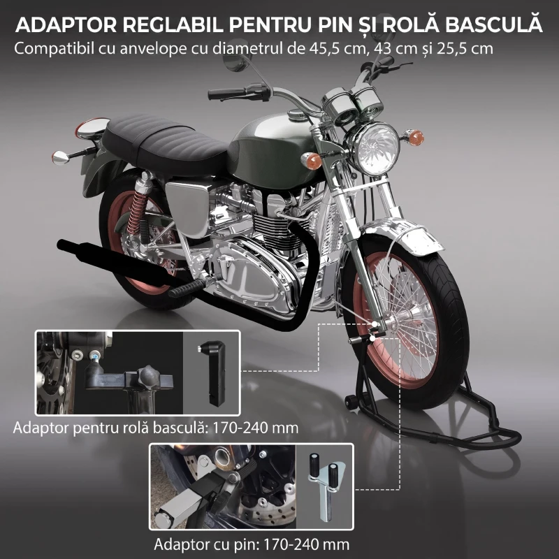 HOMCOM Stand Față pentru Motocicletă cu Protecții Antiderapante, Adaptoare Reglabile pentru Bolțuri și Tip Furcă, Capacitate 200 kg, pentru Anvelope de 18", 17" și 10"