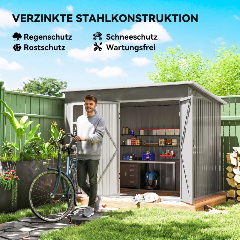 Outsunny Metalen opbergschuur voor tuingereedschap, met raam en brede deur, 260 x 177 x 190 cm, lichtgrijs