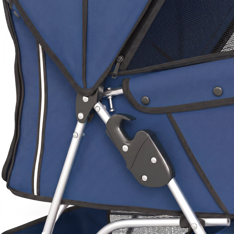 PawHut Carrito para Perros Pequeños Plegable hasta 10 kg con 3 Ruedas Capota Cesta Ventanas de Malla Portavasos Azul Oscuro