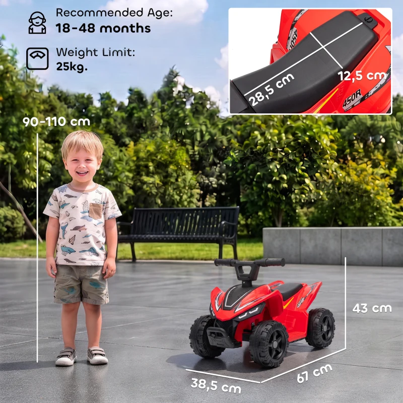 AIYAPLAY Quad Elettrico per Bambini 6V, Marce Avanti, 2 km/h, per 18-48 Mesi, Portata 25 kg, Interno ed Esterno, Rosso