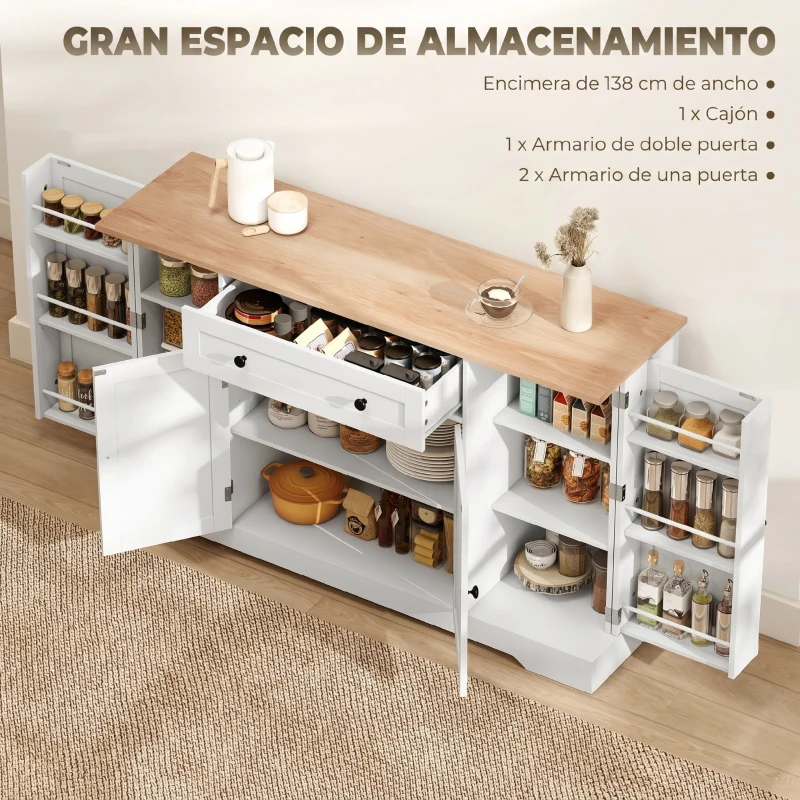 HOMCOM Aparador de Cocina con Cajón Estantes en las Puertas Estantes Ajustables Barra de Café 138x40x83,5 cm Blanco