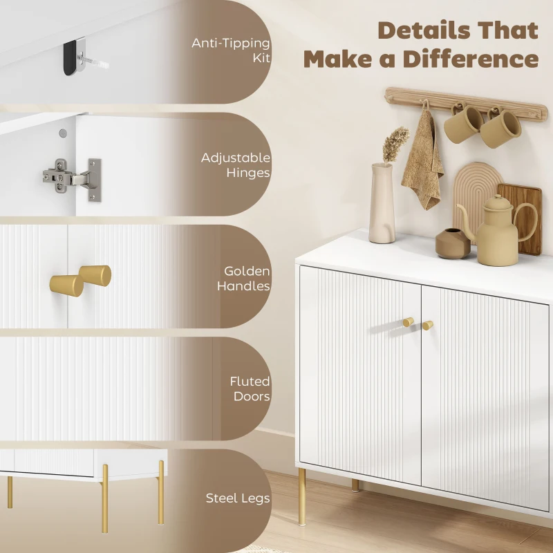 HOMCOM Modern Sideboard Cabinet with Fluted Doors, Kitchen Storage Cabinet with Adjustable Shelf and Steel Legs, White