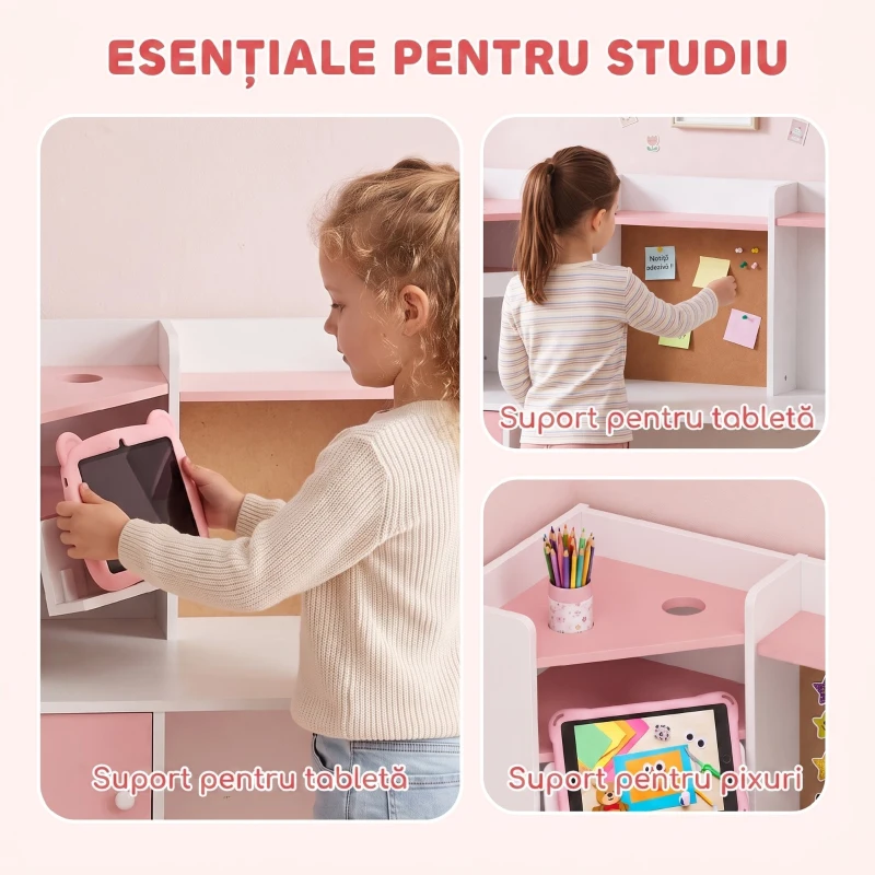 AIYAPLAY Set birou și scaun pentru copii 5-12 ani, cu bibliotecă, suport pentru creioane și suport reglabil pentru tabletă, roz