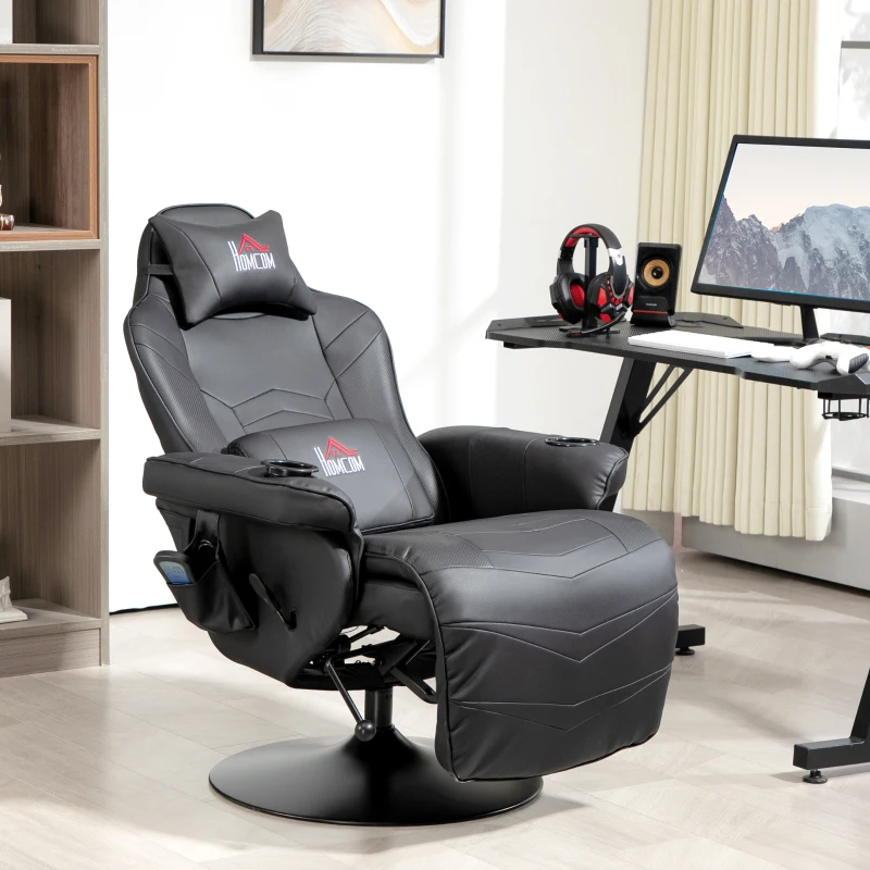 HOMCOM Gamingsessel, Massagefunktion, neigbare Lehne, Fußstütze, bis 120 kg, Stahlrahmen, Kunstleder, Schwarz(m-2)