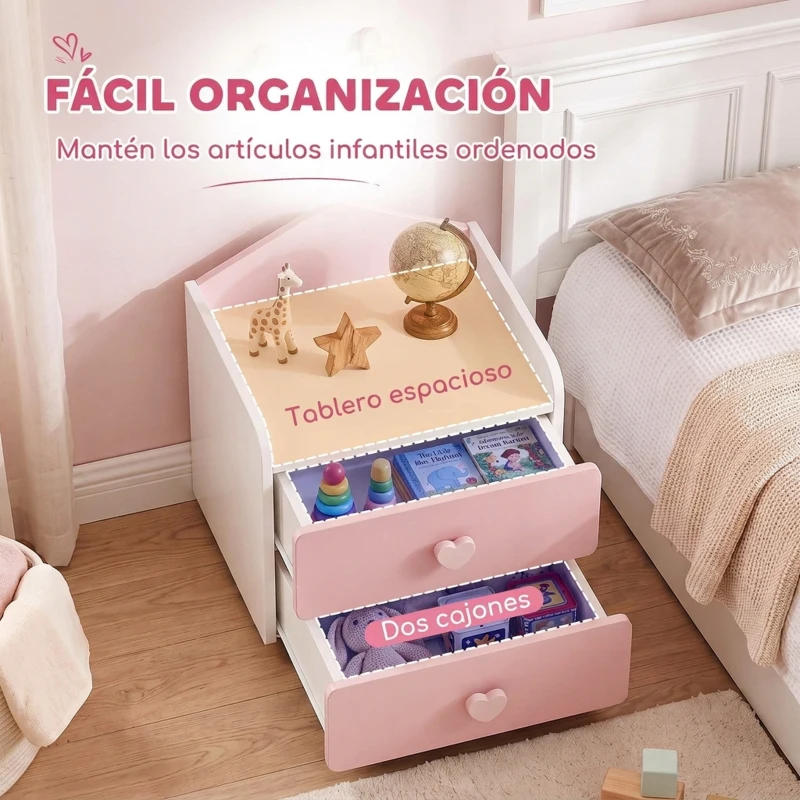 AIYAPLAY Mesita de Noche Infantil con 2 Cajones Montessori Bordes Redondeados para Niños de 3 a 8 Años 34x31x36 cm Rosa