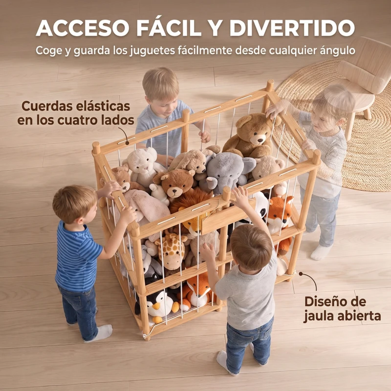 AIYAPLAY Organizador de Peluches de Madera con Cordones Elásticos Estantería Infantil de Juguetes 3-8 Años 76x40x94,5 cm Natural