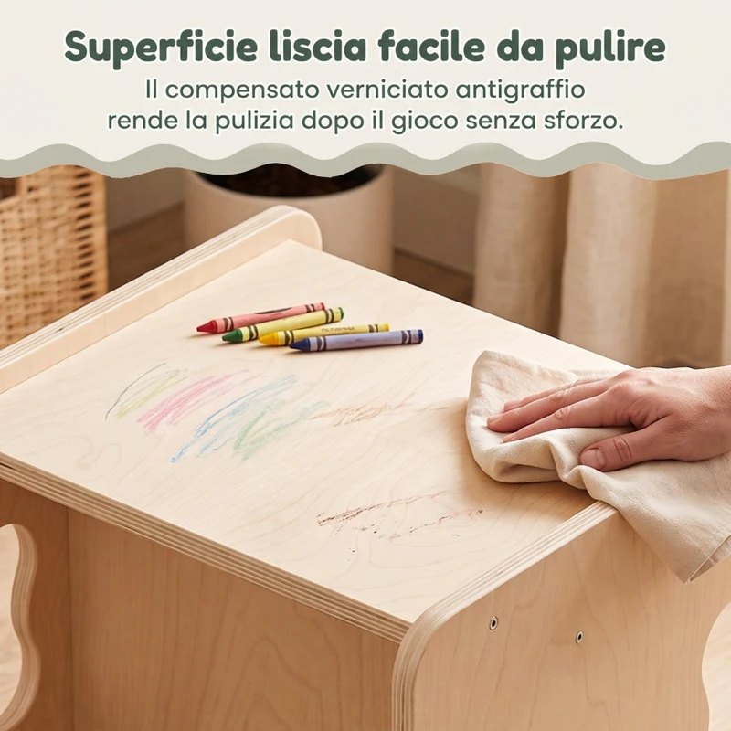 AIYAPLAY Set Tavolo Bambini con Sedia, 18-36 Mesi, Design Ribaltabile con 3 Opzioni di Altezza, Color Legno
