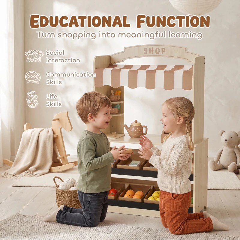 AIYAPLAY Pretend Play Shop, Wooden Kids Grocery Store Playset with Play Food, Cash Register, Chalkboard, 61 Accessories for 3-8