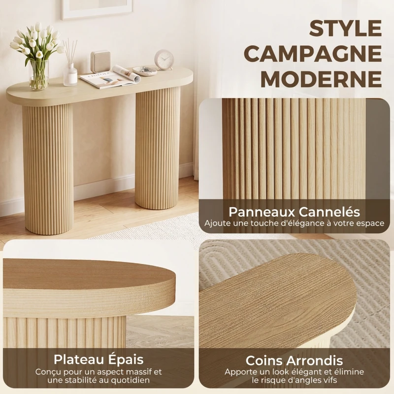 HOMCOM Table Console Cannelée, Rangement Dissimulé, Pieds Colonnes, Style Rustique, Console d'Entrée Étroite, 103x35x80cm Chêne