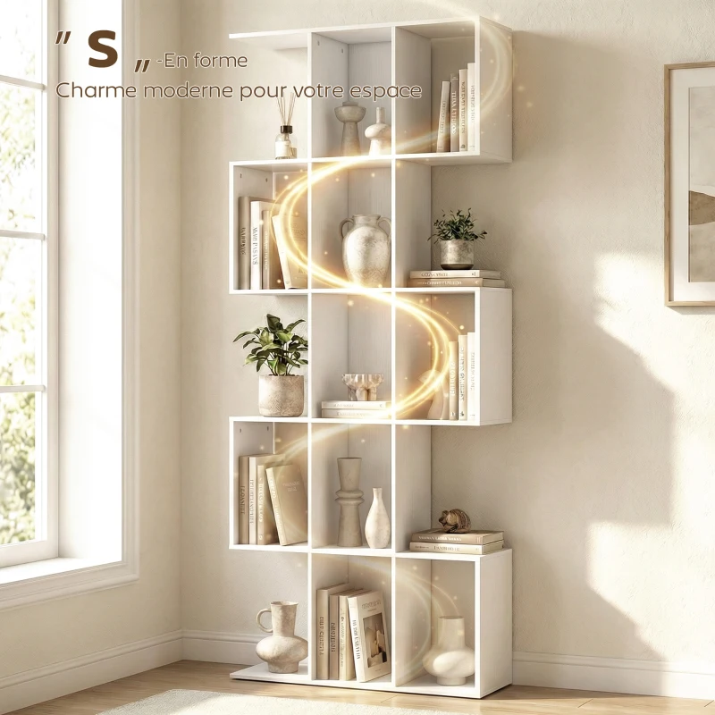 HOMCOM Bibliothèque à 5 niveaux, étagère de rangement en forme S avec 15 compartiments ouverts, 80 x 24 x 200 cm, blanc