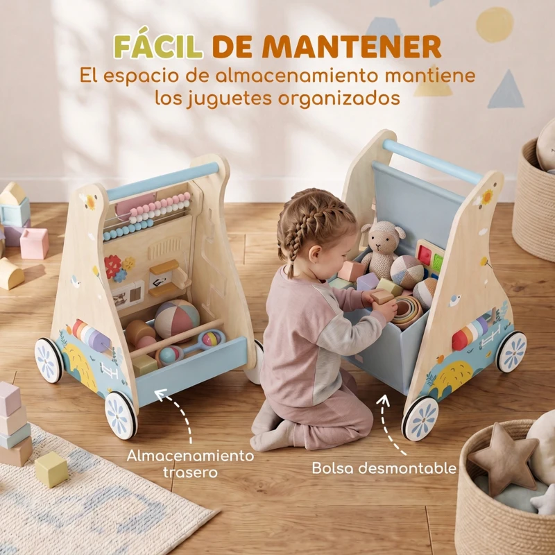 AIYAPLAY Andador Madera Bebé 3 en 1 con Juguetes Montessori Panel Desmontable de Doble Cara Almacenaje Ruedas 1-3 Años Natural