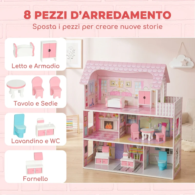 AIYAPLAY Casa delle Bambole in Legno per Bambini a 3 Piani con Luci LED DIY, 8 Mobili, 6 Stanze, 3-6 Anni, Rosa
