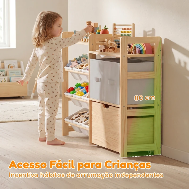AIYAPLAY Estante Infantil para Brinquedos com 9 Caixas, 2 Cestos em Tecido, Gaveta com Rodas e 2 Prateleiras, 3-8 Anos, Natural