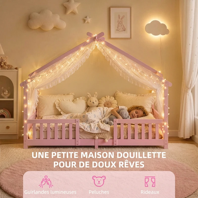 AIYAPLAY Lit Cabane Enfant 90x200 cm, Lit Enfant en Forme de Maison avec Barrières de Sécurité et Sommier à Lattes Solides, Rose