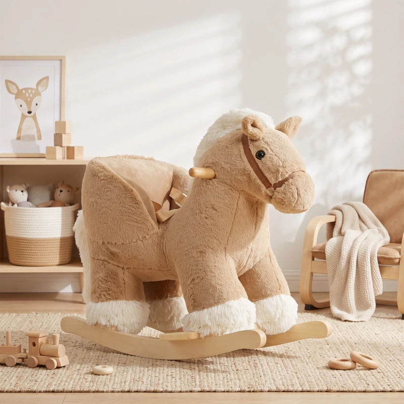 AIYAPLAY Cheval à Bascule pour Enfants, Animal à Bascule Bébé en Peluche avec Sons, Ceinture de Sécurité, 18-36 Mois, Marron