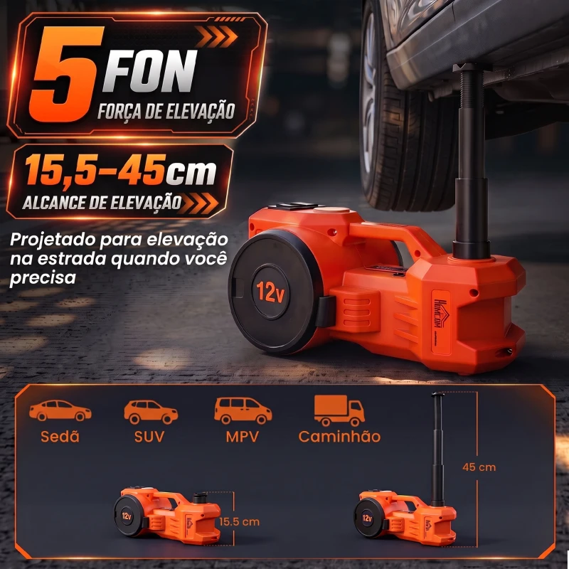 HOMCOM Kit de Macaco Hidráulico Elétrico 12V 5T, Elevação 15,5-45 cm, Bomba de Ar, Chave Sextavada e Mala com Refletor, Laranja