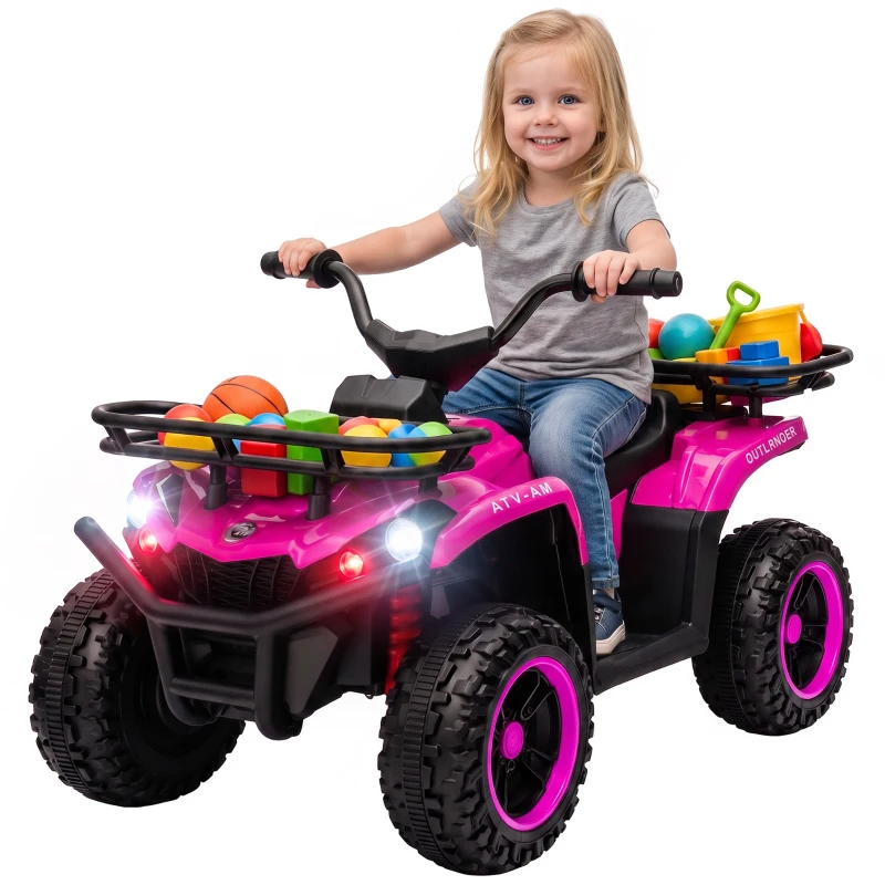 AIYAPLAY Quad Elétrico Infantil 12V com 2 Motores, Bateria de Lítio, 2 Cestos e MP3, Rosa, 3-8 Anos