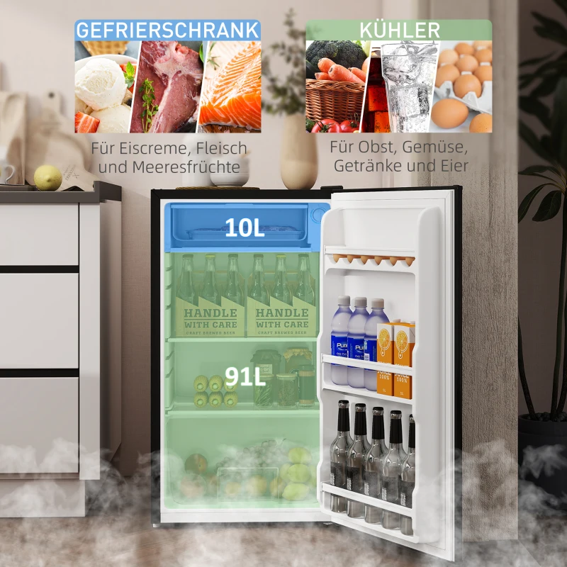HOMCOM Mini-Kühlschrank, 91 Liter Kapazität, Gefrierfach, verstellbare Fächer, leiser Betrieb, kompakte Größe, Stahl, Schwarz