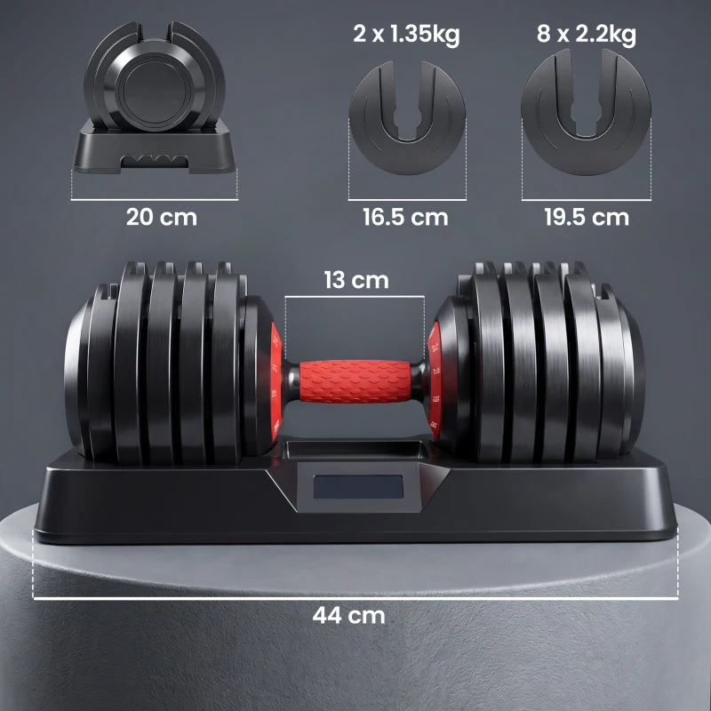 SPORTNOW 24kg Adjustable Dumbbell Set of 2, 10-in-1 Dumbbell Weights with Quick-Dial System, Safety Lock, Non-Slip Grip, Storage Tray, Space-Saving Free Weights for Home Gym Strength Training
