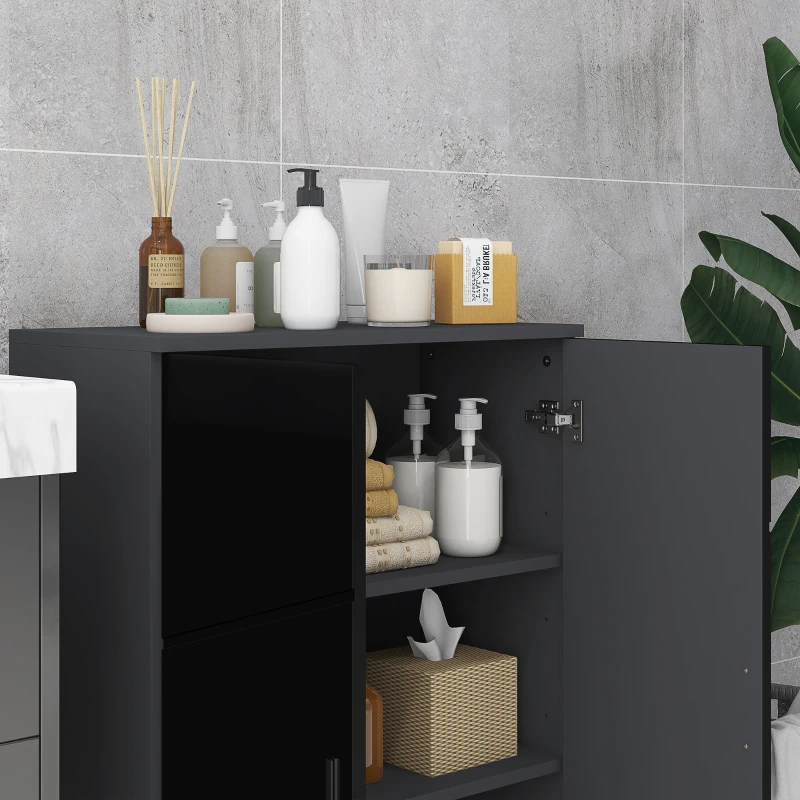 kleankin Mobiletto Bagno 2 Ante in Legno con 3 Ripiani e Chiusura Ammortizzata, 60x30x82cm, Nero Lucido