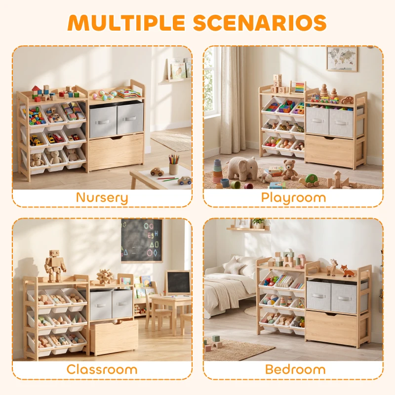 AIYAPLAY Meuble Rangement Enfant, Rangement Jouet Enfant, 9 Bacs, 2 Tiroirs Tissu, Tiroir en Bois sur Roulettes, Naturel et Blanc