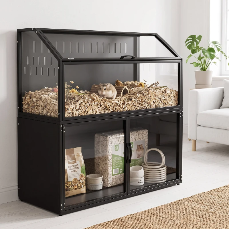 PawHut Cage Hamster 2-en-1 avec Armoire de Rangement pour Rongeur Hamster Syrien et Souris Acier et Acrylique Noir