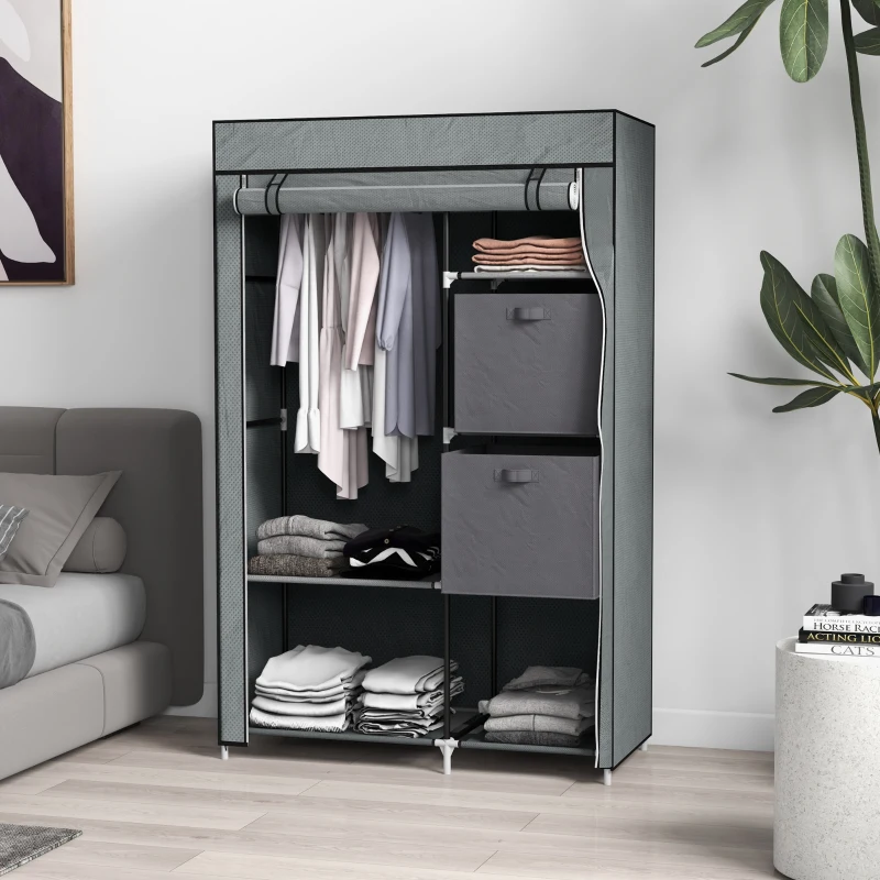 HOMCOM Stoffschrank Kleiderschrank faltbarer Schrank, 1 Kleiderstange, 6 Regalböden, 102 x 42.5 x 162.5 cm, Grau