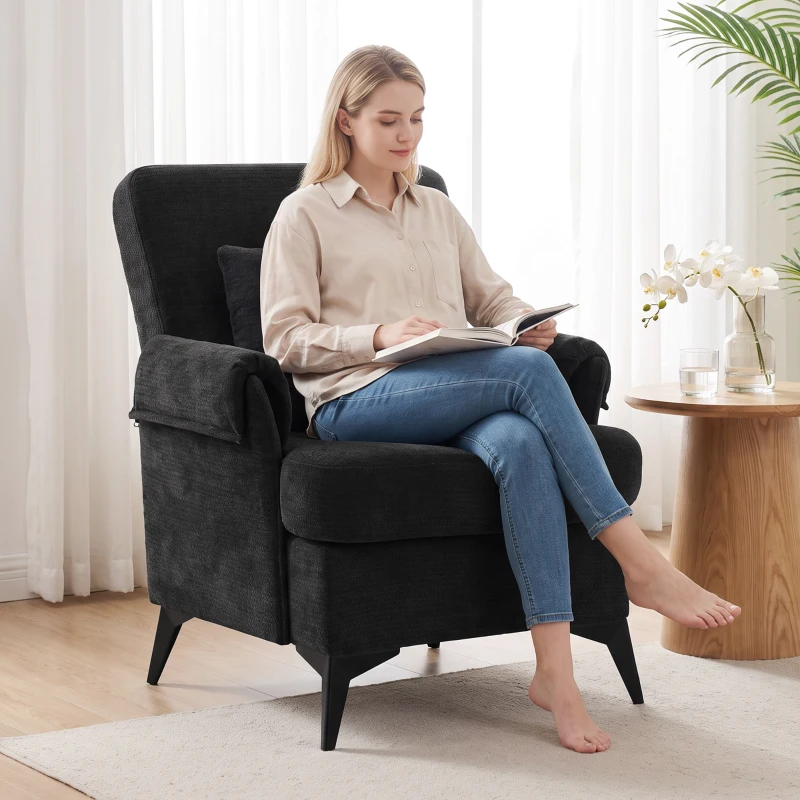 HOMCOM Relax-Sessel Einzelsessel aus Chenille Moderner Wohnzimmer-Sessel Breiter Sitz und Dickes Polster Lendenkissen Schwarz
