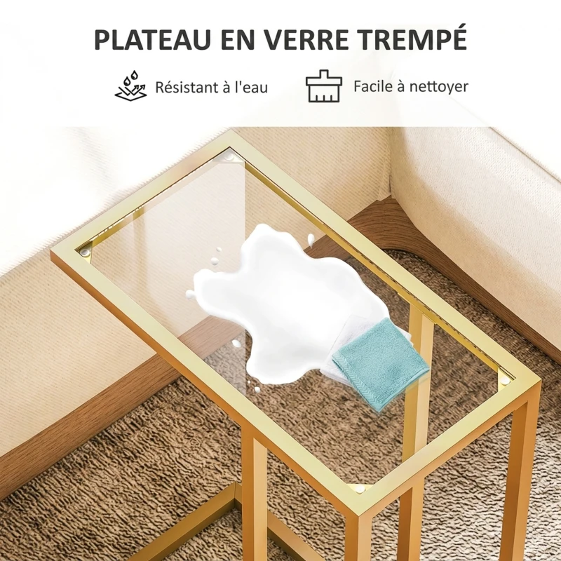 HOMCOM Table d'appoint en forme de C avec plateau en verre trempé, cadre en acier, doré